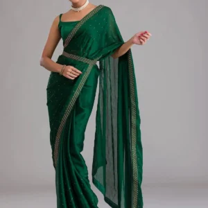 Bottle Green Swarovski Semi Crepe Designer Saree