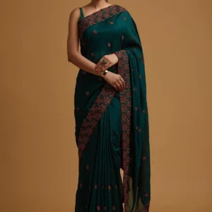 Bottle Green Threadwork Soft Silk Saree