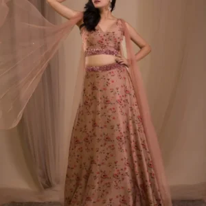Brown Printed Satin Readymade Lehenga