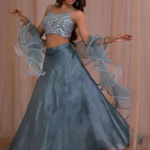 Grey Mirrorwork Tissue Readymade Lehenga