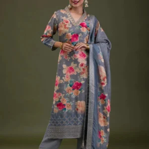 Grey Printed Semi Crepe Readymade Salwar Suit