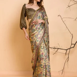 Lemon Yellow Floral Printed Semi Crepe Designer Saree