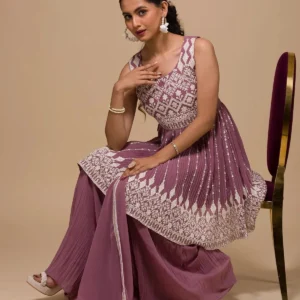 Mauve Threadwork Georgette Readymade Sharara Suit
