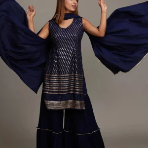Navy Blue Sequins Semi Crepe Sharara Suit