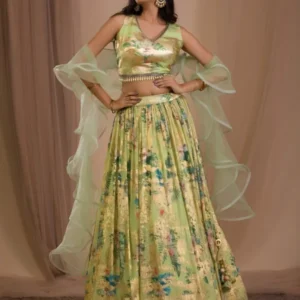 Parrot Green Cutdana Art Silk Readymade Lehenga