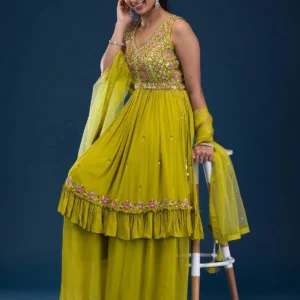 Parrot Green Mirrorwork Georgette Readymade Salwar Suit