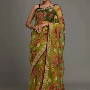 Parrot Green Printed Organza Designer Saree