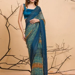 Peacock Blue Chiffon Designer Saree