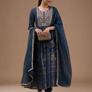 Peacock Blue Printed Crepe Readymade Salwar Suit