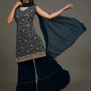 Peacock Blue Threadwork Georgette Salwar Suit