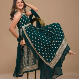 Peacock Blue Zariwork Georgette Readymade Salwar Suit