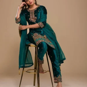 Peacock Blue Zariwork Velvet Readymade Salwar Suit