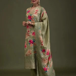 Pista Green Printed Semi Crepe Readymade Salwar Suit