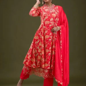 Red Printed Semi Crepe Readymade Salwar Suit