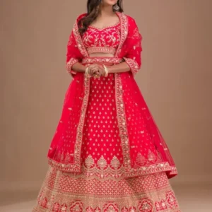 Red Zariwork Raw Silk Readymade Lehenga