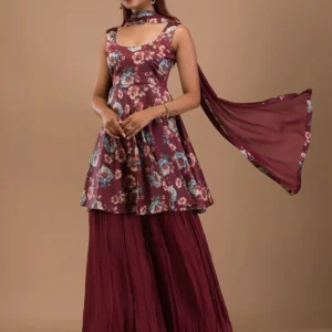 Rust Printed Semi Crepe Readymade Sharara Suit