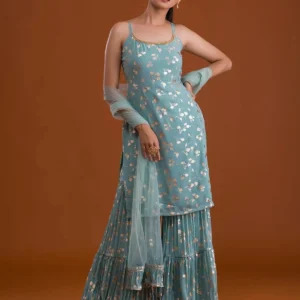 Sea Green Print Georgette Designer Sharara Suit
