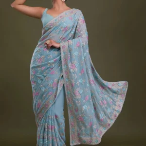 Sky Blue Zariwork Georgette Saree