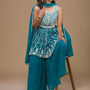 Turquoise Blue Threadwork Georgette Readymade Sharara Suit