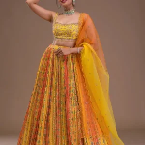 Yellow Cutdana Crepe Readymade Lehenga