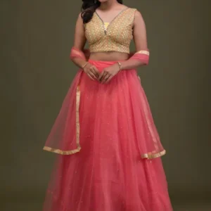 Yellow Mirrorwork Net Readymade Lehenga
