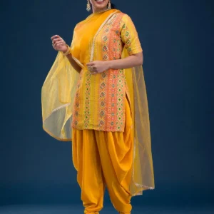 Yellow Printed Georgette Readymade Salwar Suit