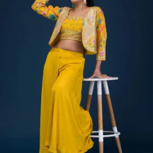 Yellow Zariwork Semi Crepe Readymade Salwar Suit